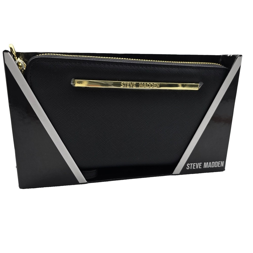 Steve Madden New Black Zip Around Boxed Wallet Wristlet Clutch Grab and-Go Purse